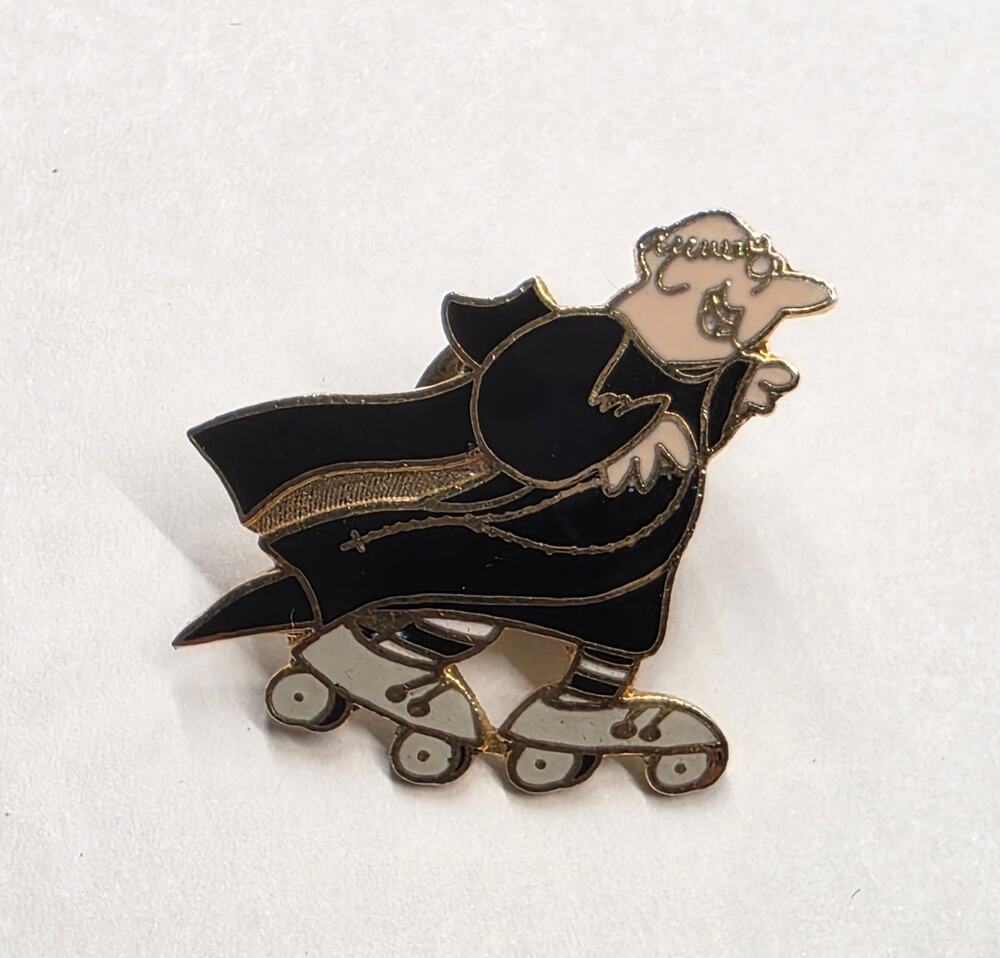 Priest on Roller Skates Enamel Lapel Pin Religious Humor Novelty